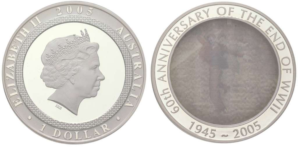 (2005) Монета Австралия 1 доллар &quot;2-я Мировая Война 60 лет окончания&quot;  Серебро Ag 999  PROOF коробка